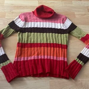 Women’s medium pink, red, cream, brown, green, orange striped longsleeve sweater